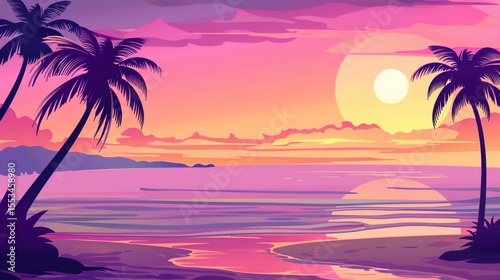 Tranquil Beach Sunset with Golden Horizon and Silhouetted Palm Trees, Calm Ocean Waves under Pastel Sky Featuring Serene Seascape Ambiance for Travel and Relaxation Themes