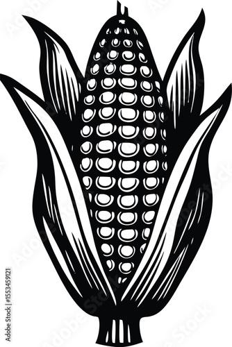 A striking black and white illustration of a ripe ear of corn showcasing its kernels and husk in a bold graphic style