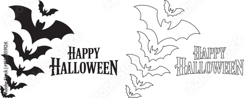 Silhouette and Outline Bat Set – Halloween Flying Bats Vector Illustration