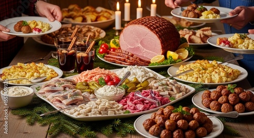Swedish julbord buffet with pickled herring, meatballs, and glögg illuminated by candlelight