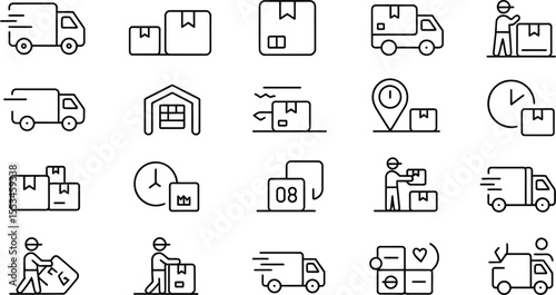 Delivery and Logistics Icons Featuring Trucks, Packages, and Shipping