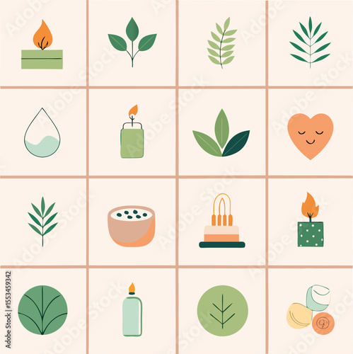 Aesthetic collection of minimalist icons featuring nature elements candles and wellness symbols on a textured beige background