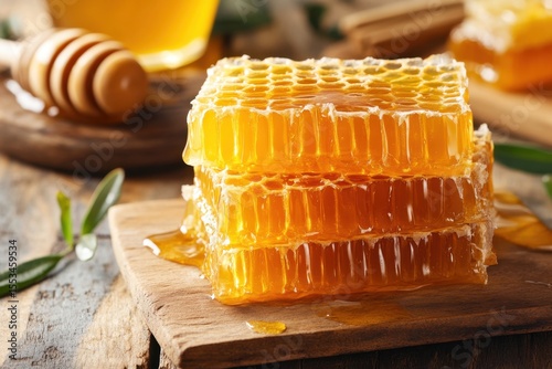 Fresh Natural Honeycomb with Rich Golden Color and Dripping Honey on Wooden Board Surrounded by Green Leaves and Honey Dip Stick