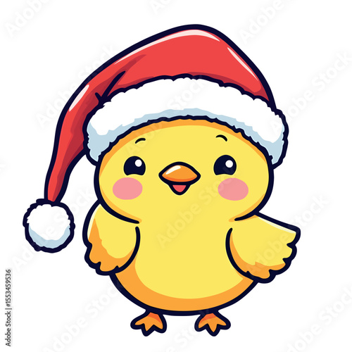 Adorable Little Yellow Chick Wearing a Red Santa Hat with White Trim and Pom Pom Smiling Happily