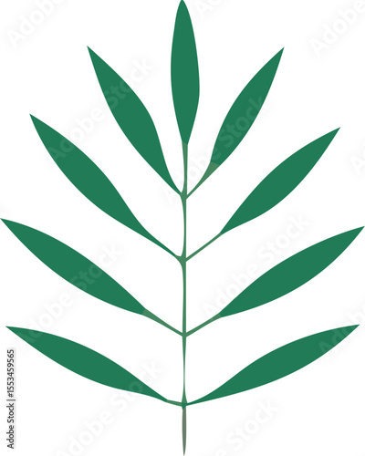 A stylized green leaf with multiple pointed leaflets emerging symmetrically from a central stem against a clean white background