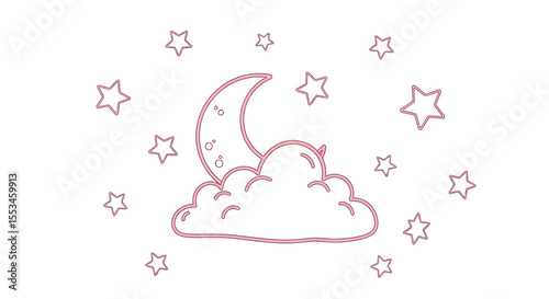 A crescent moon nestled in a fluffy cloud, surrounded by twinkling stars, rendered in a simple, hand-drawn style.