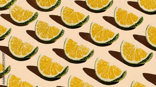 Fresh yellow lemon slices arranged in a repeating pattern on a light background, showcasing vibrant colors and textures, perfect for culinary or design projects