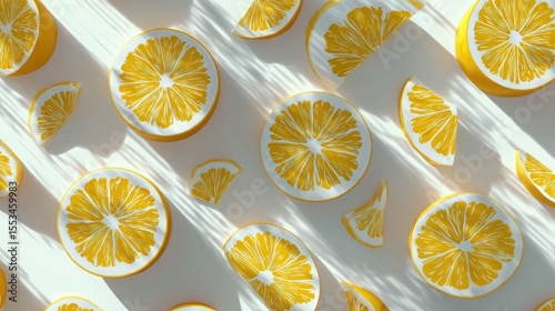Bright yellow citrus slices arranged artistically on a light background, showcasing vibrant colors and textures, creating a fresh and inviting atmosphere for culinary or design purposes