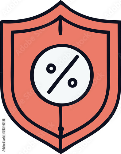 A coral shield icon with a white circle containing a black percentage sign and a dark blue outline symbolizing financial security and discounts