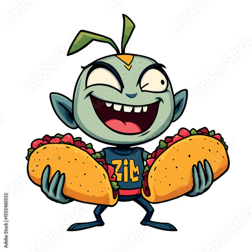Funny Cartoon Alien Character Holding Two Delicious Tacos Excitedly For Your Design Projects