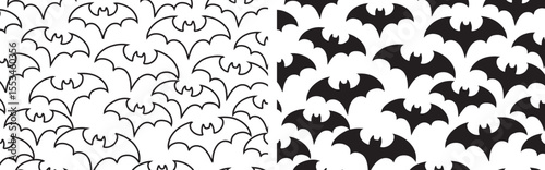 Silhouette and Outline Bat Set – Halloween Flying Bats Vector Illustration