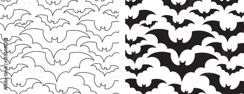 Silhouette and Outline Bat Set – Halloween Flying Bats Vector Illustration