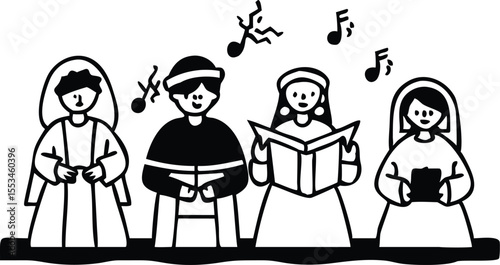 Peaceful Carolers Singing Near Nativity Scene.