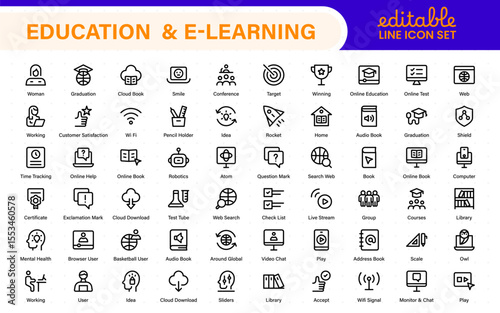 Education set of web icons in line style. Learning icons for web and mobile app. E-learning, video tutorial, knowledge, study, school, university, webinar, online education.
