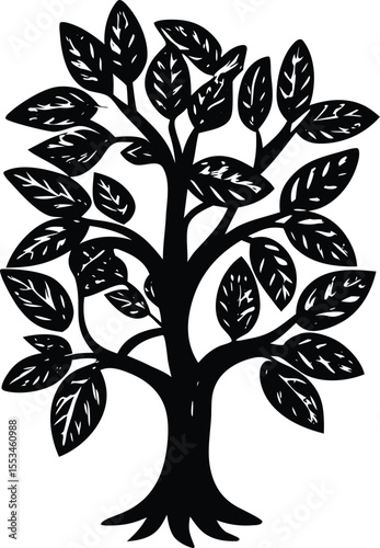 A striking black silhouette of a deciduous tree with detailed leaves showcasing its full form against a clean white background
