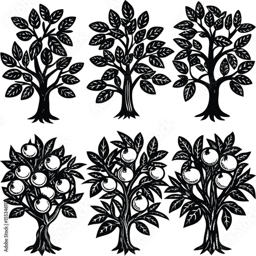 A collection of stylized black and white woodcut style trees some bearing fruit set against a clean white background