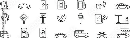 Electric Vehicle and Charging Icons Featuring EV, Charging Stations, and Batteries