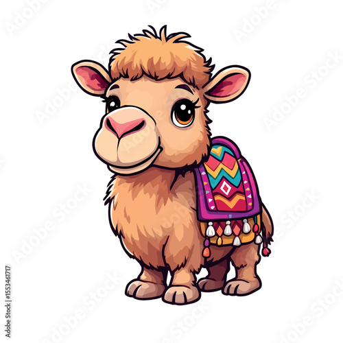 Cute Little Baby Camel Wearing Colorful Blanket Vector Sticker Art