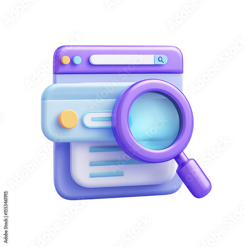 3D icon of a simple illustration in purple and blue colors on a transparent background for a website design with a search bar on the top left side of the page.