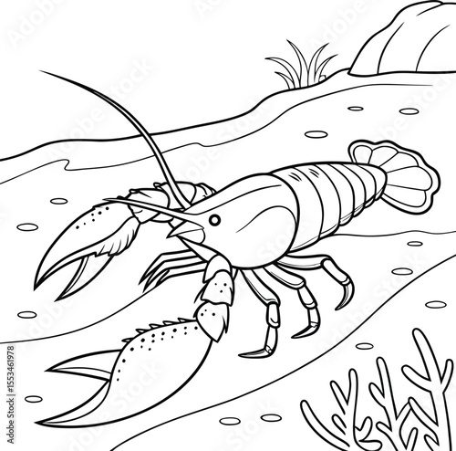 Detailed black and white illustration of a lobster in its underwater habitat