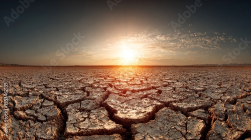 A parched, cracked earth landscape under a blazing sun, highlighting the effects of extreme drought and rising temperatures in arid regions