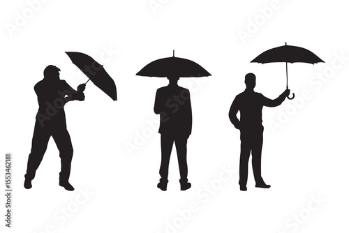 Silhouette set of a person holding an umbrella vector illustration isolated on a white background