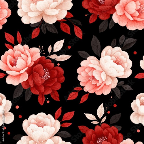 Elegant Floral Pattern with Red and Pink Peonies on Black Background