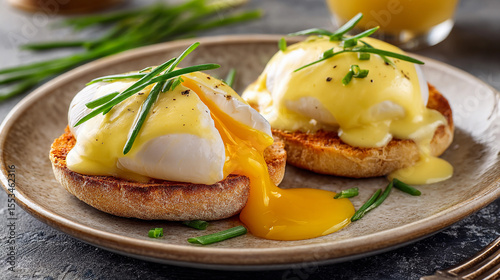 Breakfast dish with poached eggs and hollandaise sauce on toast