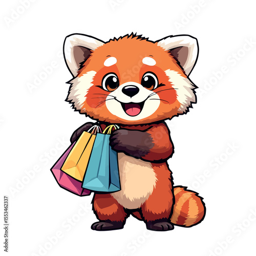 Adorable Fluffy Red Panda Character Holding Colorful Shopping Bags with Big Smile