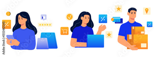 E-commerce business and Online shopping concept, using internet and online platforms for business task, marketing, shopping, searching, vector illustration