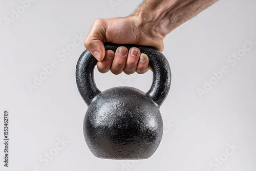Strong grip on kettlebell held by hand against plain background