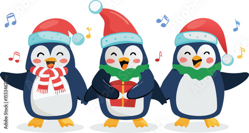 Singing Penguins in Festive Christmas Costumes.