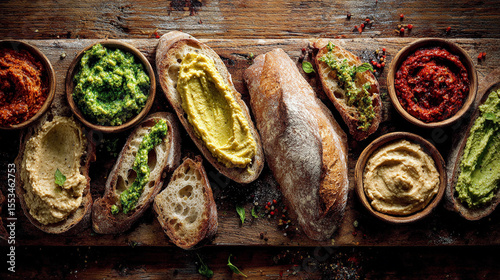 Delicious spread of artisanal breads and colorful dips on wooden board