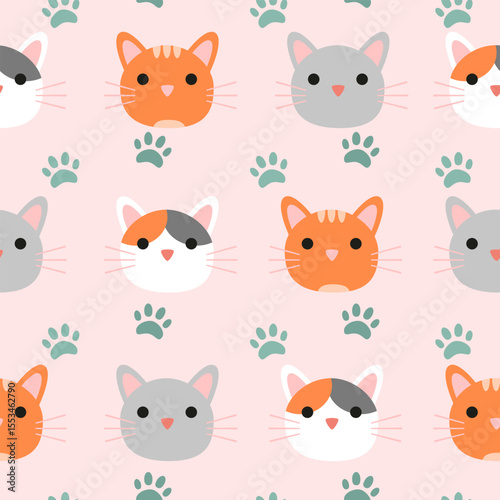 Vector Cute cat seamless pattern,Cartoon Animals Background. Design for textile, fabric, wrapping, wallpaper, print. Vector illustration