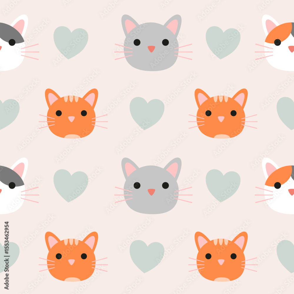 Obraz premium Vector Cute cat seamless pattern,Cartoon Animals Background. Design for textile, fabric, wrapping, wallpaper, print. Vector illustration