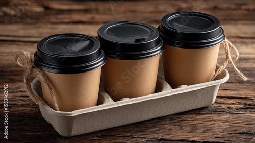 Three coffee cups on a wooden table ready for serving
