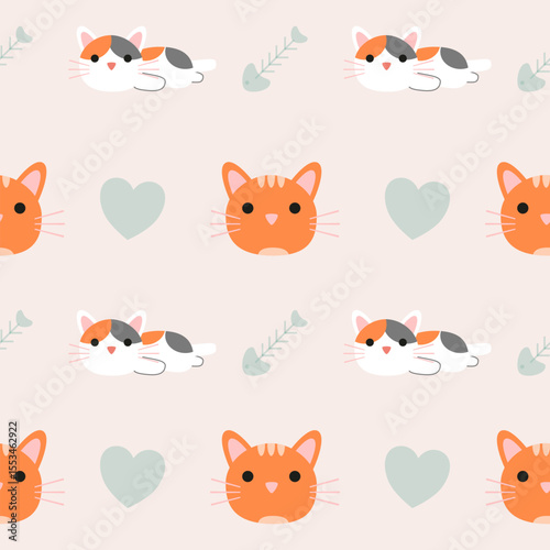 Vector Cute cat seamless pattern,Cartoon Animals Background. Design for textile, fabric, wrapping, wallpaper, print. Vector illustration