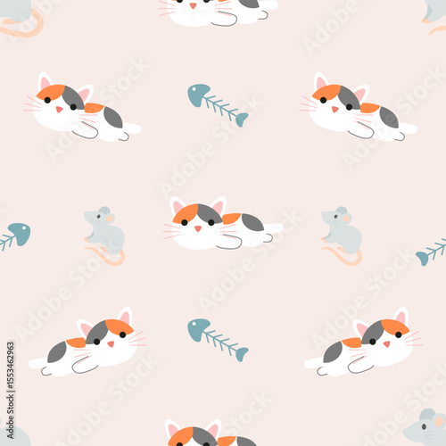 Vector Cute cat seamless pattern,Cartoon Animals Background. Design for textile, fabric, wrapping, wallpaper, print. Vector illustration