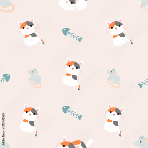 Vector Cute cat seamless pattern,Cartoon Animals Background. Design for textile, fabric, wrapping, wallpaper, print. Vector illustration