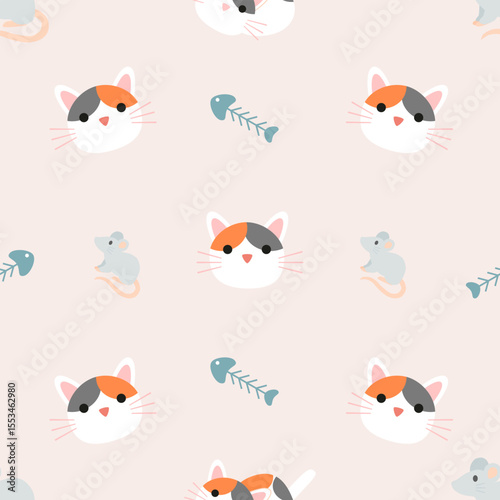 Vector Cute cat seamless pattern,Cartoon Animals Background. Design for textile, fabric, wrapping, wallpaper, print. Vector illustration