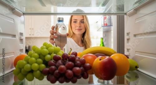 Young Woman Reaching for Water Bottle Among Fresh Fruits in Open Refrigerator