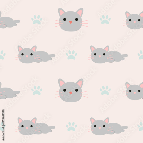 Vector Cute cat seamless pattern,Cartoon Animals Background. Design for textile, fabric, wrapping, wallpaper, print. Vector illustration