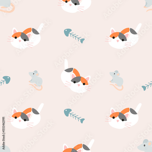 Vector Cute cat seamless pattern,Cartoon Animals Background. Design for textile, fabric, wrapping, wallpaper, print. Vector illustration