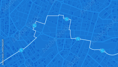 Route search on city map. Multiple location pins along the path. Detailed street grid in top view. Urban landscape with architectural elements. Vector illustration