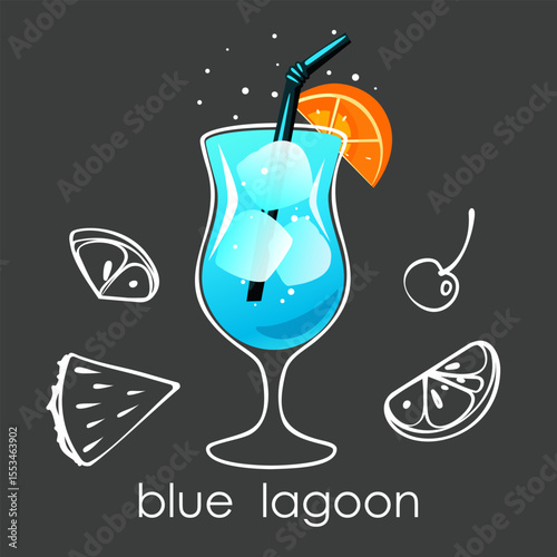 Blue Lagoon cocktail. Summer refreshing drink with ice cubes and orange slice on dark background. Vector illustration.