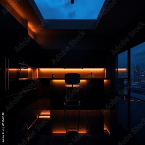 Black Supermodern Kitchen Ambiance at Twilight with City Lights