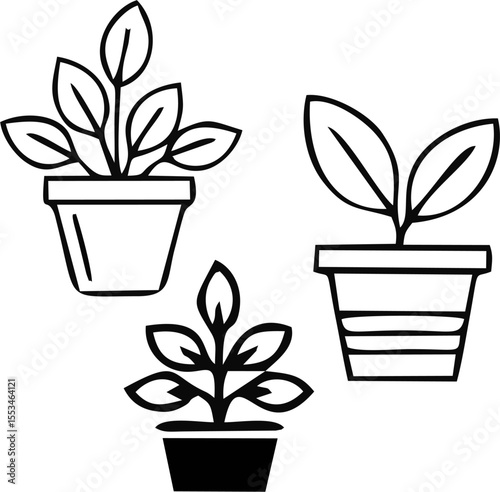 Garden shop logo vector, minimalist floral emblem with leaf and pot design, black and white style perfect for branding and packaging.