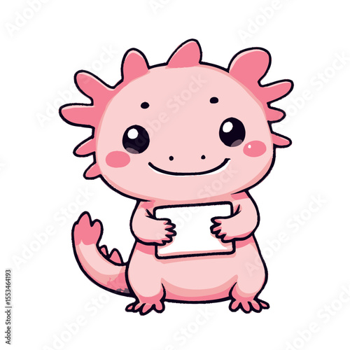 Adorable Pink Axolotl Cute Kawaii Creature Holding a Blank Sign for Customization Vector Sticker Design