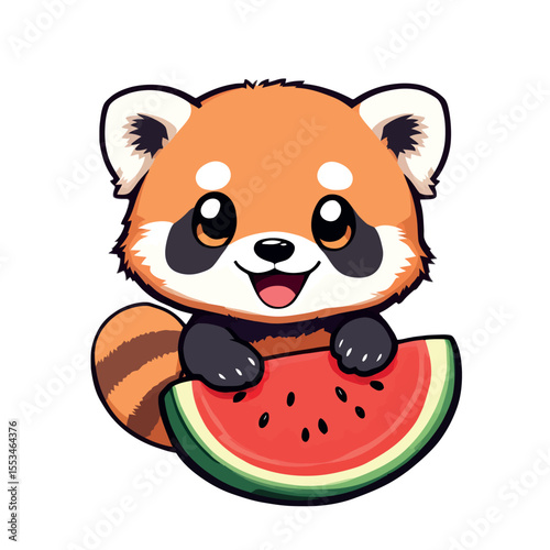 Adorable Cute Red Panda Eating Juicy Slice of Fresh Watermelon Summer Fruit