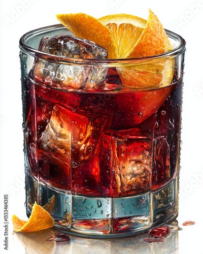 Refreshing negroni cocktail with ice and orange slices.
